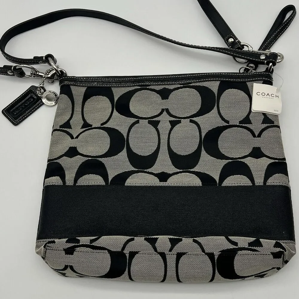 Coach Signature Stripe Shoulder Bag White/Black Canvas A1076-F13674 Excellent